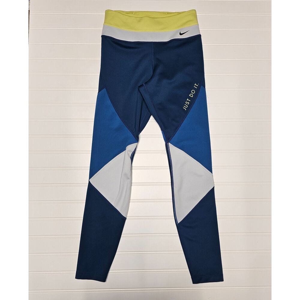 NIKE WOMEN'S SMALL BLUE YELLOW HIDDEN BACK POCKET DRI FIT LEGGINS SIZE S